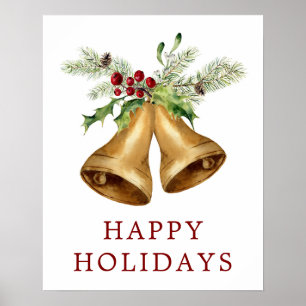 Christmas   Watercolor - Holly Mistletoe & Bells Poster