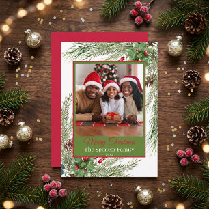 Christmas Watercolor Holly Pine Fir Photo Card