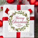 Christmas Watercolor Holly Wreath Gold Red White Square Sticker<br><div class="desc">Elegant Merry Christmas holiday greeting holly wreath stickers. Red,  white and faux gold foil colours. Personalise them by adding your name.  Perfect for cards,  invitations,  gifts,  envelopes, ... .</div>