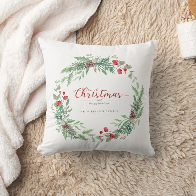 Christmas Watercolor Holly Wreath Throw Pillow (Blanket)