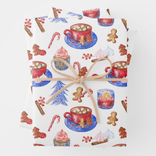 Christmas Watercolor Hot Chocolate and Sweets Wrapping Paper Sheet