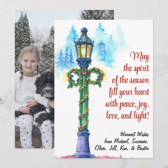Christmas Watercolor Lamp Post Photo on Back Holiday Card (Front/Back)