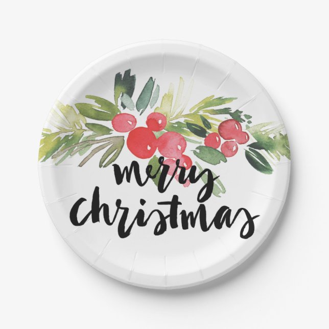 Christmas | Watercolor - Merry Christmas Holly Paper Plate (Front)