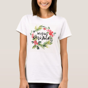 Christmas Watercolor - Merry Christmas Wreath T-Shirt