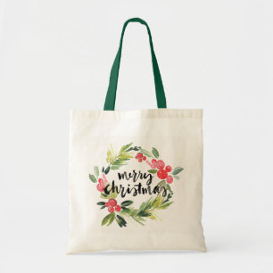 Christmas Watercolor - Merry Christmas Wreath Tote Bag