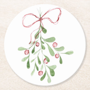 Christmas Watercolor Mistletoe Round Paper Coaster
