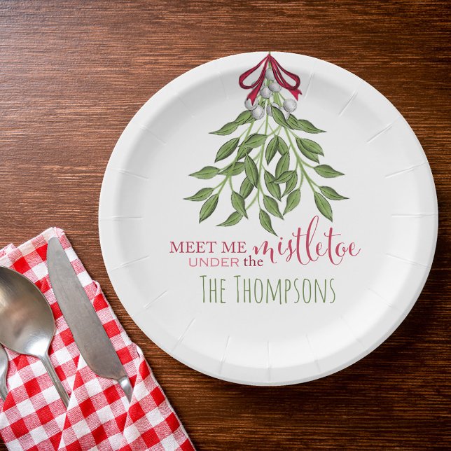 Christmas Watercolor Modern Rustic Mistletoe Paper Plate (Christmas holiday Merry mistletoe paper plate with whimsy typography. )