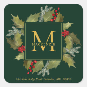 Christmas Watercolor Monogram Holly Wreath Green Square Sticker