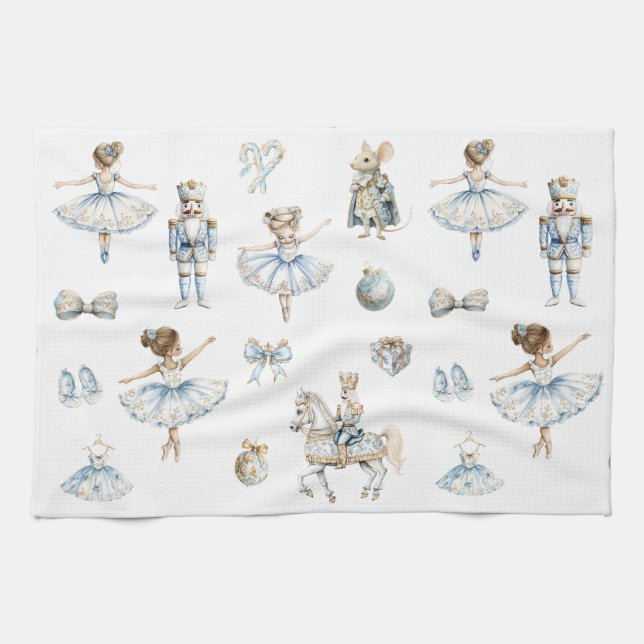 Christmas Watercolor Nutcracker Pattern Tea Towel (Horizontal)