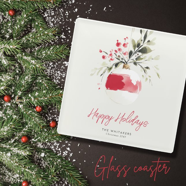 Christmas Watercolor Ornament Personalized Name Glass Coaster (Perfect for festive entertaining and décor. Customize greeting, name, and year.)
