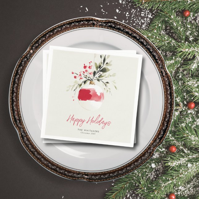 Christmas Watercolor Ornament Personalized Name Napkin (Elegant touch for Christmas dinners or parties.Customize greeting, family name, and year.)