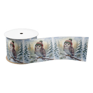 Christmas Watercolor Owl In a Winter Hat Satin Ribbon