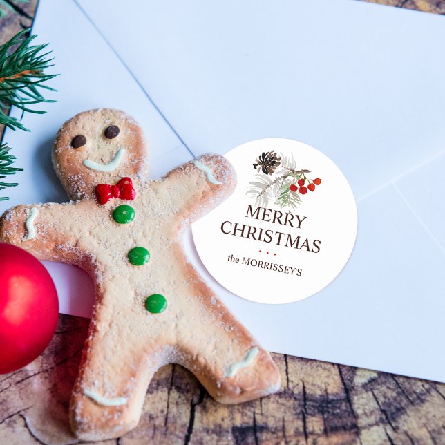 Christmas Watercolor Pine Cone Berries Name Classic Round Sticker (Christmas Watercolor Pine Cone Berries Name Classic Round Sticker)