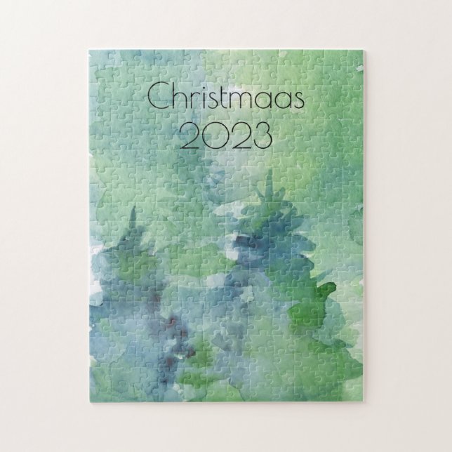 Christmas Watercolor Pine Trees Blue Green Jigsaw Puzzle (Vertical)
