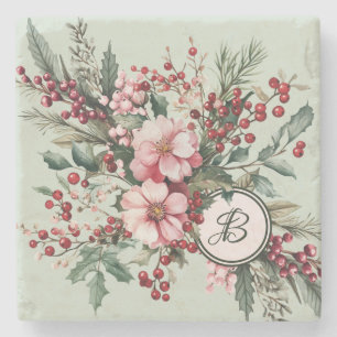Christmas Watercolor Pink Floral Berries Stone Coa Coaster