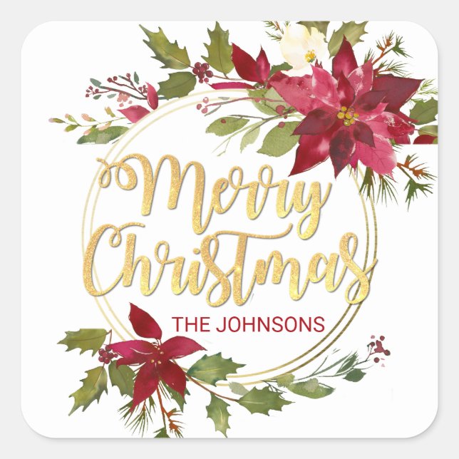 Christmas Watercolor Poinsettia Gold Red White Square Sticker (Front)