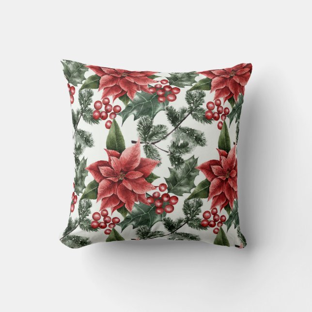 Christmas Watercolor Poinsettia Pattern Cushion (Front)