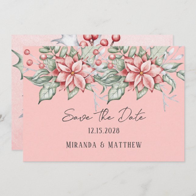 Christmas Watercolor Poinsettia Save The Date Invitation (Front/Back)