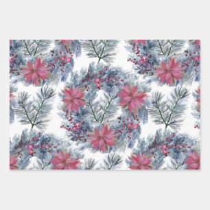 Christmas Watercolor Poinsettia Wreath Arrangement Wrapping Paper Sheet