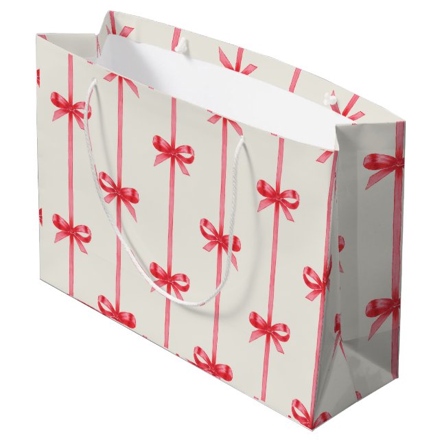 Christmas Watercolor Red Bows w/ Stripes Large Gift Bag (Back Angled)