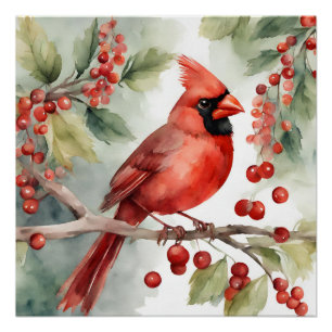 Christmas Watercolor Red Cardinal and Berries  Poster