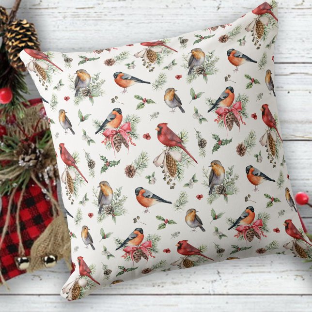 Christmas Watercolor Red Cardinal Birds Cushion (Creator Uploaded)