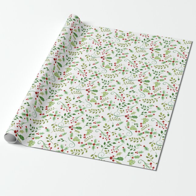 Christmas Watercolor Red Green Holly Berry Foliage Wrapping Paper (Unrolled)