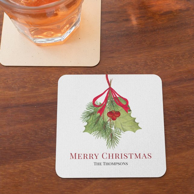 Christmas Watercolor Red Holly Berries Simple  Square Paper Coaster (Merry Christmas holly berries and greenery paper cup. )