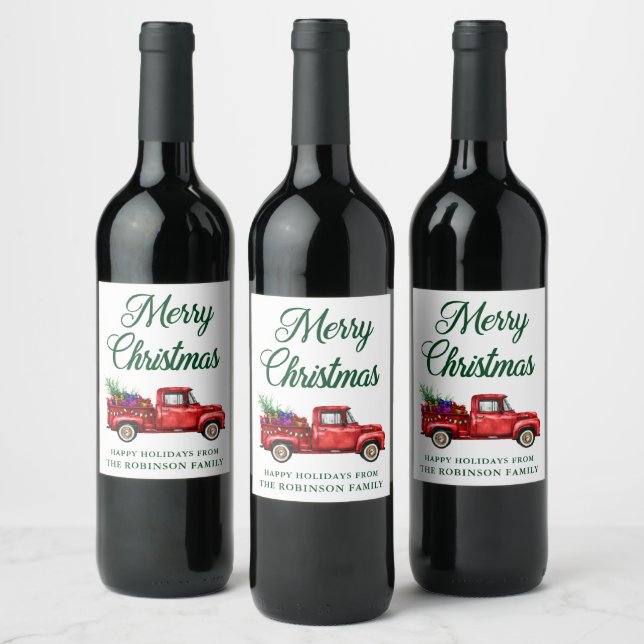 Christmas Watercolor Red Truck Tree String Lights Wine Label (Bottles)