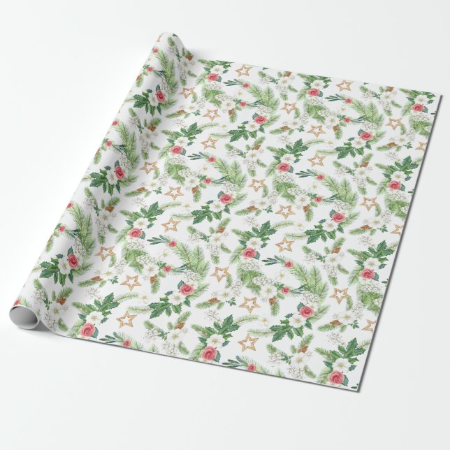 Christmas Watercolor Roses Pinecones Branch Wrapping Paper (Unrolled)