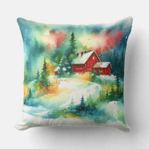 Christmas Watercolor Rural Winter Scene Cushion
