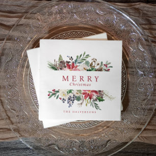 Christmas Watercolor Rustic Botanical Greenery Napkin