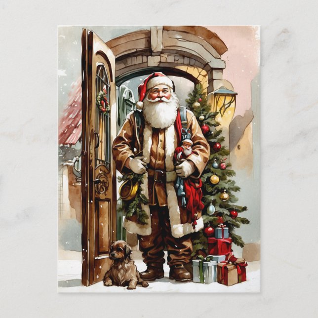 Christmas Watercolor Santa Claus with Dog  Holiday Postcard (Front)