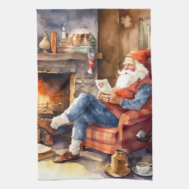 Christmas watercolor Santa Holiday kitchen Tea Towel (Vertical)