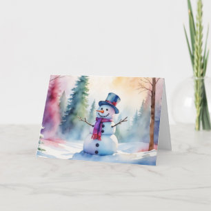 Christmas Watercolor Snowman and Winter Forest Holiday Card