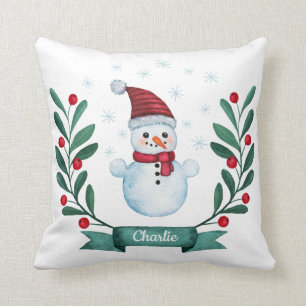 Christmas Watercolor Snowman Custom Cushion