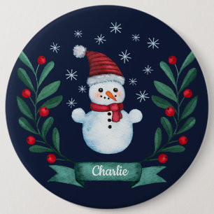 Christmas Watercolor Snowman Custom Navy Blue 6 Cm Round Badge