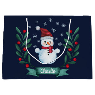 Christmas Watercolor Snowman Custom Navy Blue Large Gift Bag
