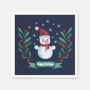 Christmas Watercolor Snowman Custom Navy Blue Napkin
