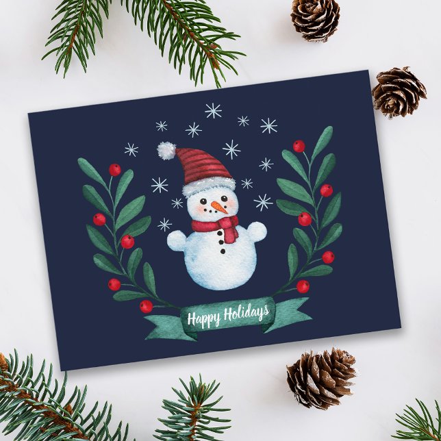 Christmas Watercolor Snowman Custom Navy Blue Postcard (Creator Uploaded)