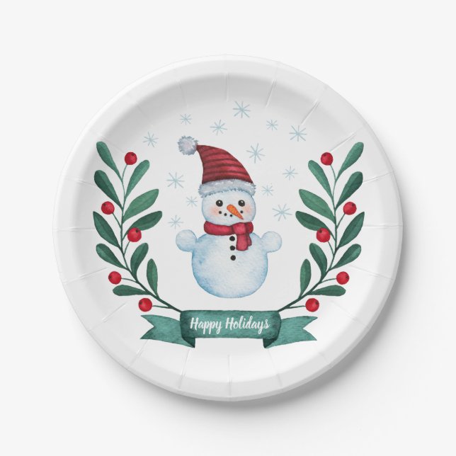 Christmas Watercolor Snowman Custom Paper Plate (Front)