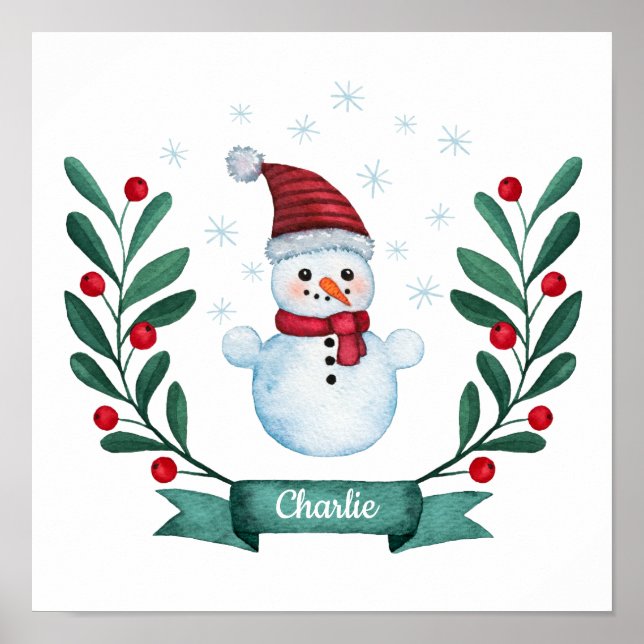Christmas Watercolor Snowman Custom Poster (Front)