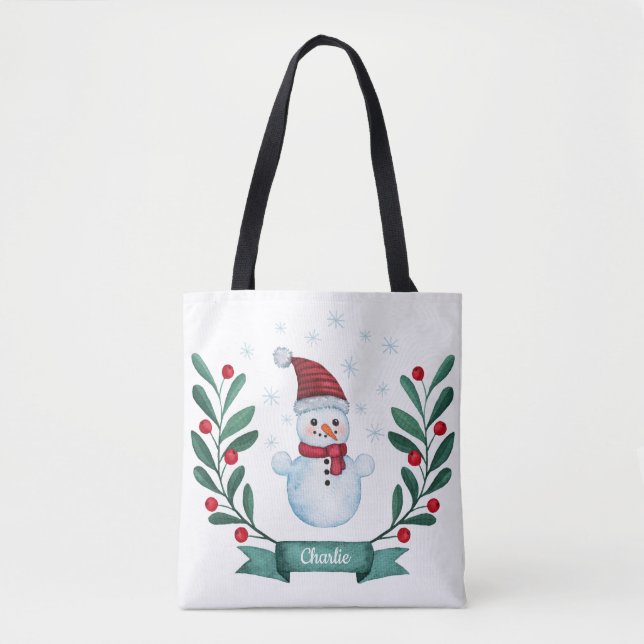 Christmas Watercolor Snowman Custom Tote Bag (Front)