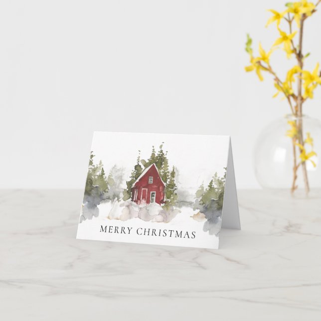 Christmas Watercolor Snowy Pine Forest Home Folded Card (Yellow Flower)