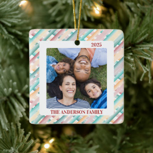 Christmas Watercolor Stripes Family Photo Ceramic Ornament