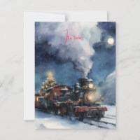 Christmas watercolor train in snowy landscape