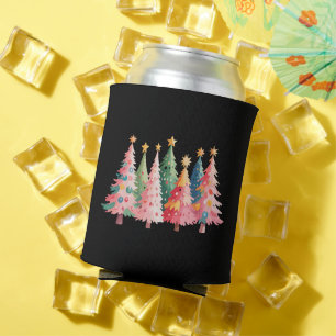 Christmas Watercolor Trees Cute Xmas Pink Can Cooler
