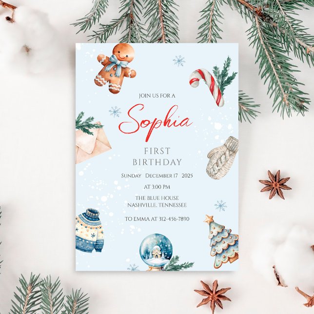 Christmas Watercolor Winter First Birthday Party  Invitation (Creator Uploaded)