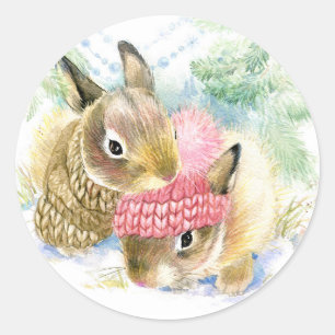 Christmas Watercolor - Winter Forest Bunnies Classic Round Sticker