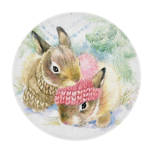 Christmas | Watercolor - Winter Forest Bunnies Cutting Board (Front)